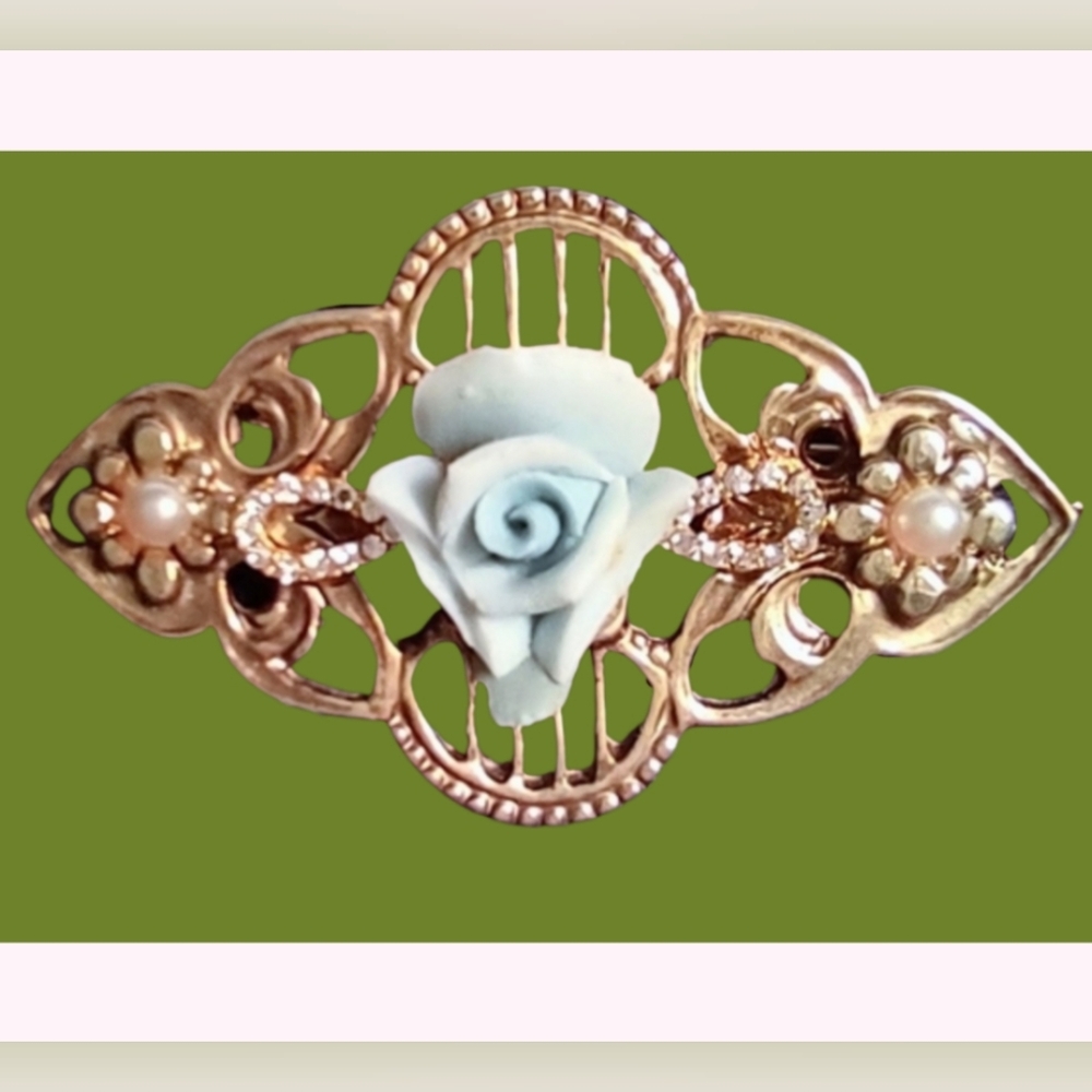 Gold Upcycled Brooch Blue Porcelain Rose  Bar Pin